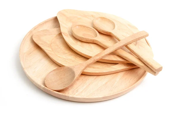 Set de platos y cucharas de madera vacías, sobre fondo blanco — Foto de Stock