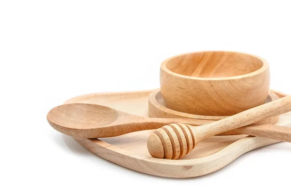 Set of empty wooden utensil on white background — Stock Photo, Image