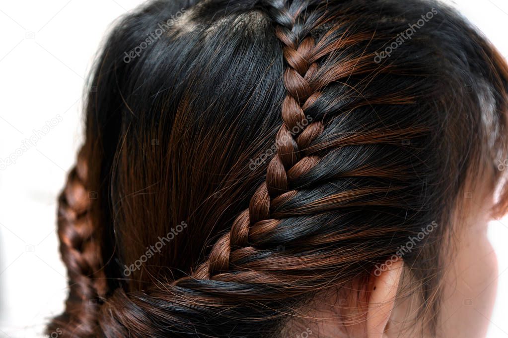 Beautiful hairstyle weave braid on hair woman