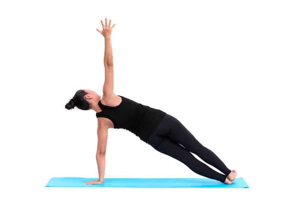 Hermosa mujer asiática practicando yoga posan sobre fondo blanco —  Fotos de Stock