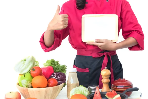 Koch gibt mit leerer Menütafel in Küche auf — Stockfoto