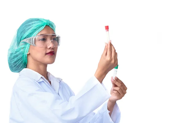 Scientists in uniform are analyzing glass tubes — Stock Photo, Image