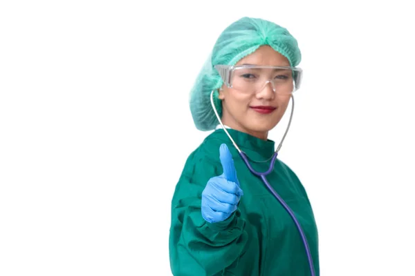 엄지손가락 흰색 절연 제스처를 보여주는 여성 의사가 — 스톡 사진