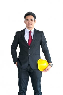 iş adamı ya da mühendis tutun el sarı kask işçi s