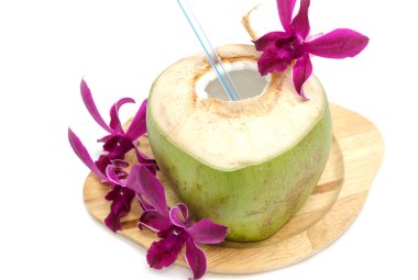 taze tropik içki, taze hindistan cevizi su ile orkide çiçek