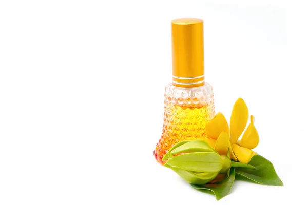 Aceite de Ylang-Ylang con flores, aceite esencial de aromaterapia — Foto de Stock