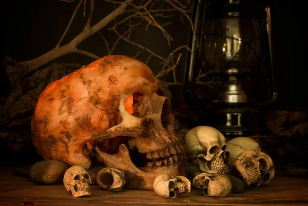 Human skull under candle light, halloween theme — Stock Photo, Image