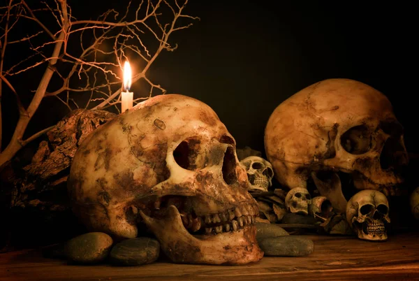 Calavera humana bajo la luz de la vela, tema de Halloween —  Fotos de Stock
