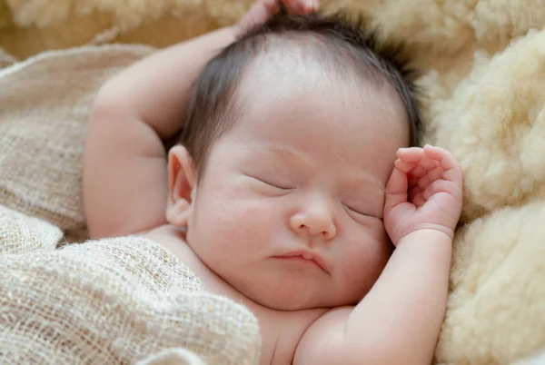 Bebé recién nacido niña está durmiendo en manta de piel —  Fotos de Stock