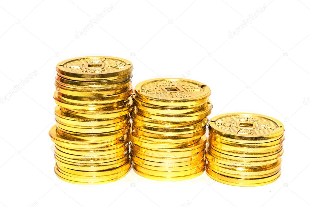 Stack of Chinese golden coins isolate