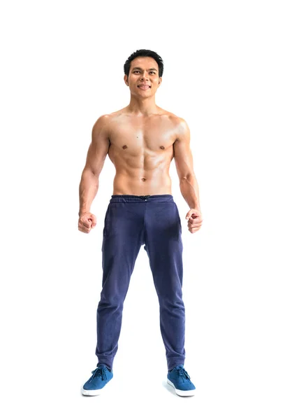 Poz, kas gömleksiz erkek vücut geliştirmeci beyaz izole — Stok fotoğraf