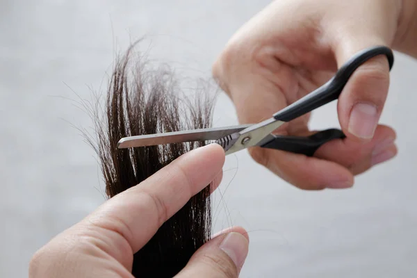 Gros plan coiffeur coupe cheveux bruns avec des ciseaux . — Photo