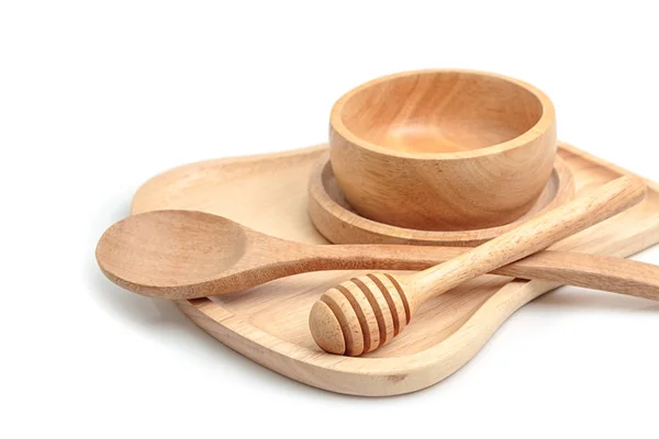 Set of empty wooden kitchen utensils on white background — Stock Photo, Image