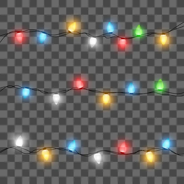 Set kleur slingers, feestelijke decoraties. Gloeiende Kerstverlichting geïsoleerd op transparante achtergrond. Naadloze horizontale vectorobjecten. — Stockvector