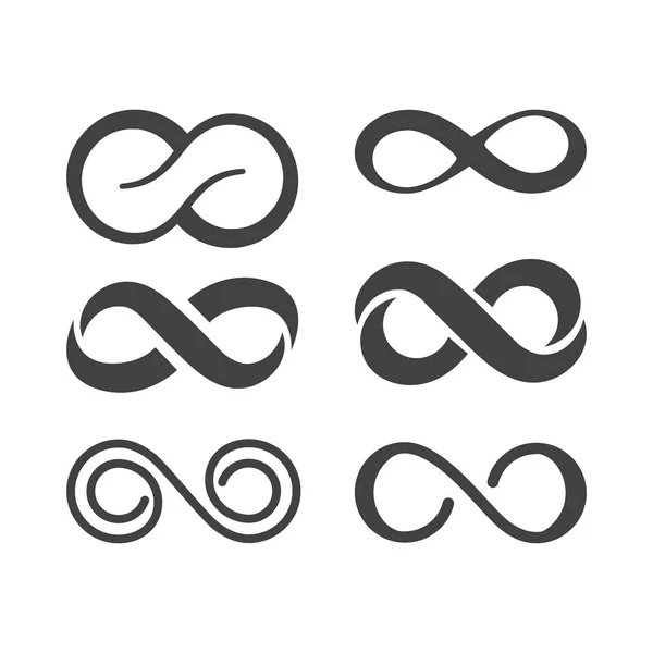 Infinity symbol. Vector logos set. Black contours of different shapes, thickness and style isolated on white. Symbol of repetition and unlimited cyclicity — Stock Vector