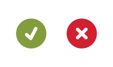 Kene ve çapraz işaretler. Yeşil İşaretleme Tamam ve kırmızı X simgeleri, Basit İşaretler Grafik Tasarımı. Sembolleri evet ve hayır olarak işaretleyin. Kutu listesi simgelerini işaretleyin. İşaretleri kontrol et.