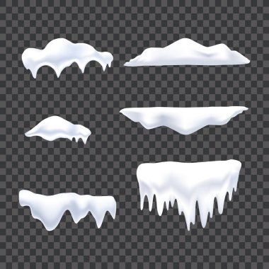 Kar kapaklar, kartopu ve snowdrifts ayarlayın. Kar cap vektör toplama. Kış dekorasyon öğesi. Karlı öğeleri kış arka plan üzerinde. Çizgi film şablonu. Kar yağışı ve hareketli kar taneleri. İllüstrasyon.