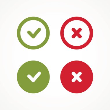 Kene ve çapraz işaretler. Yeşil İşaretleme Tamam ve kırmızı X simgeleri, Basit İşaretler Grafik Tasarımı. Sembolleri evet ve hayır olarak işaretleyin. Kutu listesi simgelerini işaretleyin. İşaretleri kontrol et.