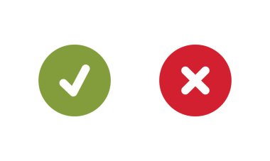 Kene ve çapraz işaretler. Yeşil İşaretleme Tamam ve kırmızı X simgeleri, Basit İşaretler Grafik Tasarımı. Sembolleri evet ve hayır olarak işaretleyin. Kutu listesi simgelerini işaretleyin. İşaretleri kontrol et.