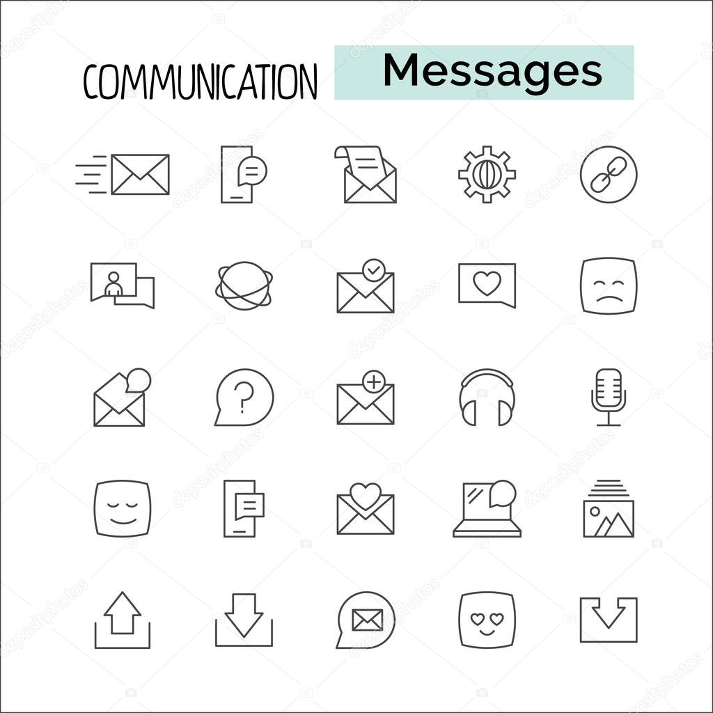 Media and communication message related Line outline vector icons. Includes such as Phone Calls, Video Chat, On-line Support and other. Editable Strok