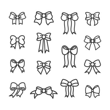 Kurdele Yayı Simgeleri ayarlandı. Siyah hediye yay ve siluet. Sürpriz için şablon tasarımı, kutlama etkinliği, hediyeler, doğum günü, Noel kurdeleleri