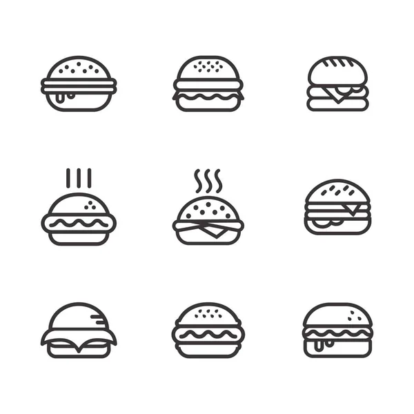 Burger Hamburger ícones set. ilustração web site móvel logotipo aplicativo UI design, carne, carne, alimentos, alface, sanduíche, refeição, grelhado, tomate, pão, lanche, cebola, símbolo de sinal de queijo. Vetor de fast food . — Vetor de Stock