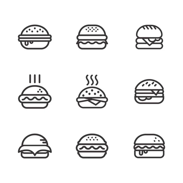 Burger Hamburger ikoner set. illustration webbplats mobil logotyp app Ui design, kött, nötkött, mat, sallad, smörgås, måltid, grillad, tomat, bulle, mellanmål, lök, ost tecken symbol. Snabbmatsvektor. — Stock vektor