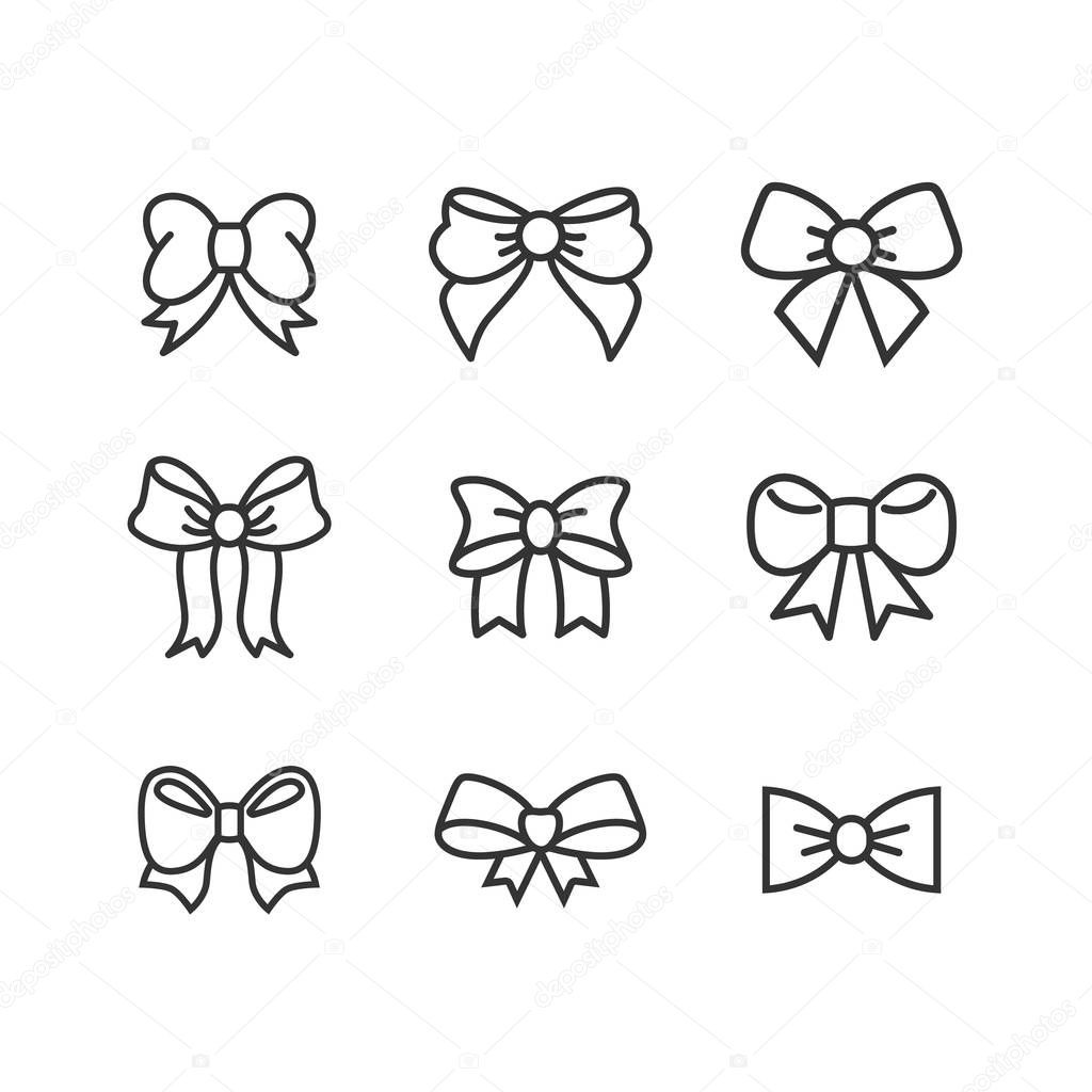 Ribbon Bow Icons set. Black gift bows silhouette. Template design for surprise, celebration event, presents, birthday, Christmas ribbons