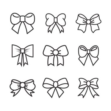 Kurdele Yayı Simgeleri ayarlandı. Siyah hediye yay ve siluet. Sürpriz için şablon tasarımı, kutlama etkinliği, hediyeler, doğum günü, Noel kurdeleleri