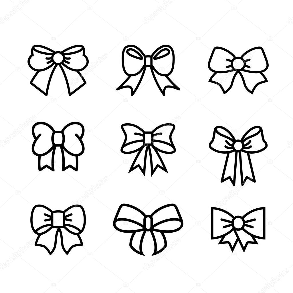 Ribbon Bow Icons set. Black gift bows silhouette. Template design for surprise, celebration event, presents, birthday, Christmas ribbons