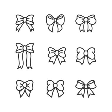 Kurdele Yayı Simgeleri ayarlandı. Siyah hediye yay ve siluet. Sürpriz için şablon tasarımı, kutlama etkinliği, hediyeler, doğum günü, Noel kurdeleleri