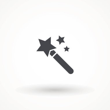 Sihirli çubuk ikonu vektör şablonu. Sihirli değnek sihirbazı vektör simgesi - yıldızlı siyah beyaz çizim.
