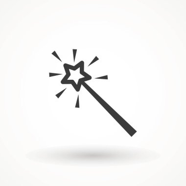 Sihirli çubuk ikonu vektör şablonu. Sihirli değnek sihirbazı vektör simgesi - yıldızlı siyah beyaz çizim.