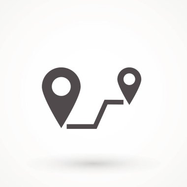 Navigasyon vektör simgesi. GPS navigasyonu. Mesafe Yolculuğu Yol Yolu konum simgesi, iki harita pin işareti ve yol veya yol, beyaz üzerinde başlangıç ve bitiş seyahat sembolü izole