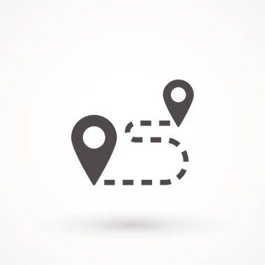 Navigasyon vektör simgesi. GPS navigasyonu. Mesafe Yolculuğu Yol Yolu konum simgesi, iki harita pin işareti ve yol veya yol, beyaz üzerinde başlangıç ve bitiş seyahat sembolü izole