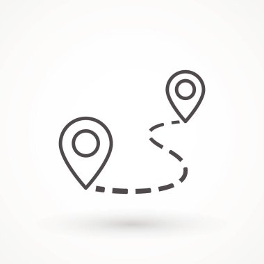 Navigasyon vektör simgesi. GPS navigasyonu. Mesafe Yolculuğu Yol Yolu konum simgesi, iki harita pin işareti ve yol veya yol, beyaz üzerinde başlangıç ve bitiş seyahat sembolü izole