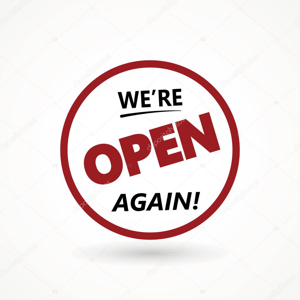 Were open again on speech bubble text vintage. welcome icon sign after quarantine, vector illustration of small business owner welcoming customers, information re-opening of shop, service, cafe