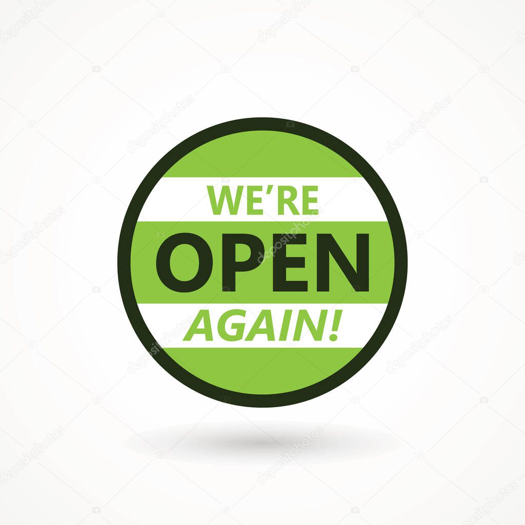 Were open again on speech bubble text vintage. welcome icon sign after quarantine, vector illustration of small business owner welcoming customers, information re-opening of shop, service, cafe