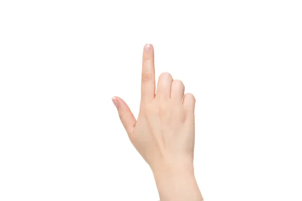 Weiblicher Zeigefinger auf weißem Hintergrund. — Stockfoto