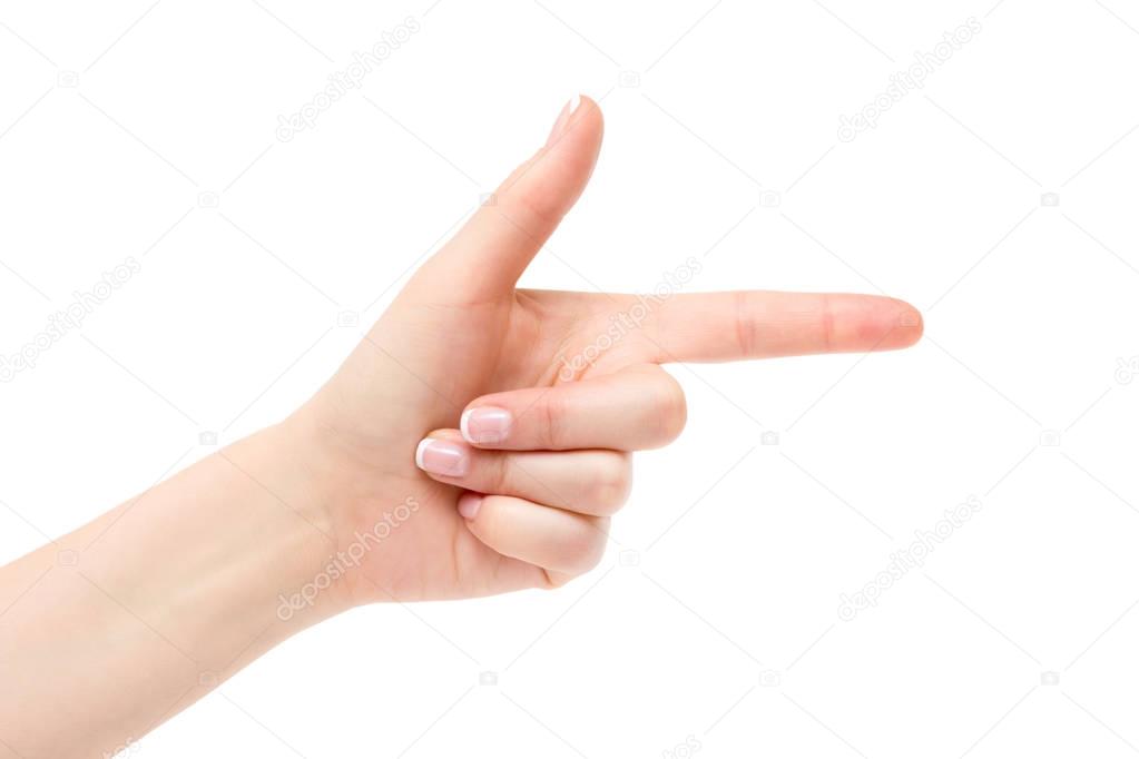 Female index finger on a white background.