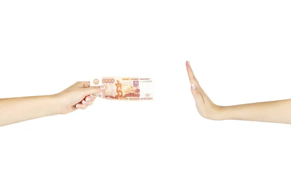 Women's hand is giving money another hand on white background. — Stock Photo, Image