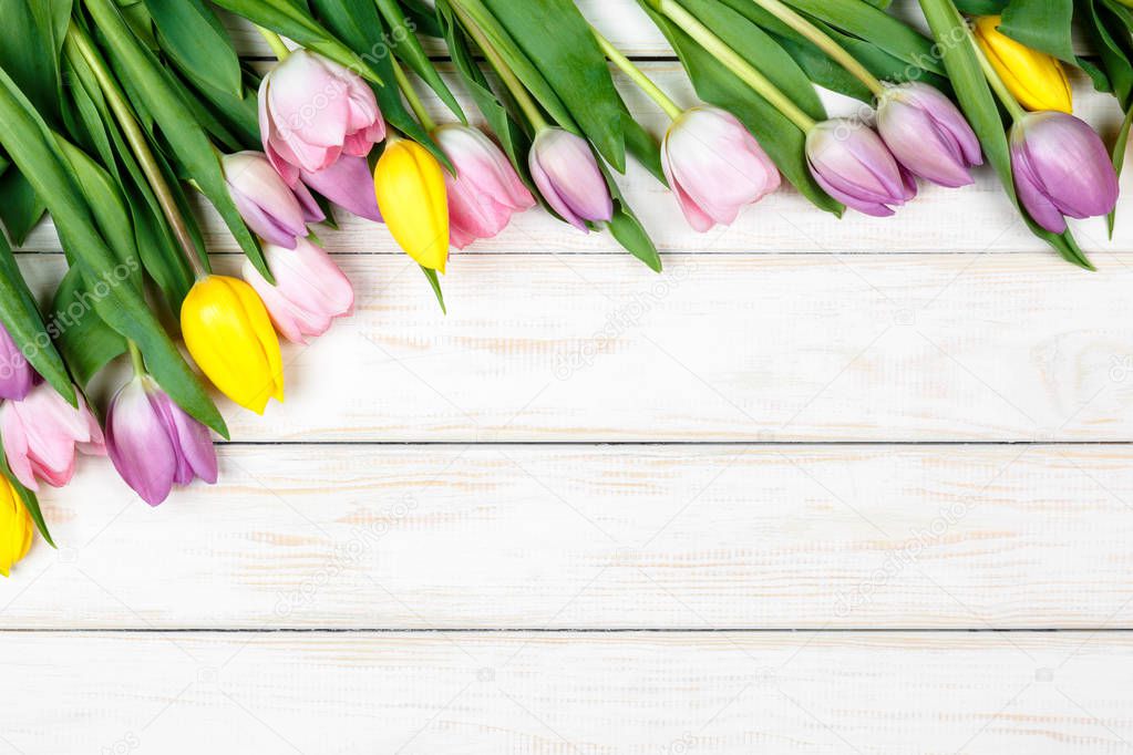Yellow and pink tulips on a white wooden background