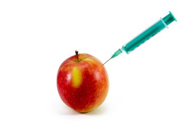 Kırmızı elma ve yeşil şırınga ile biyoloji deneme