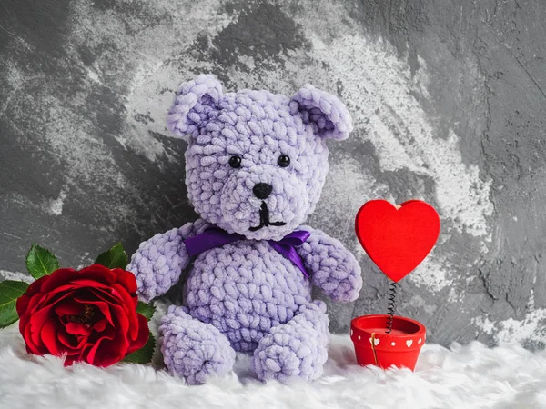 Bright plush toy and blooming red rose