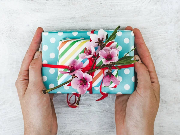 Caja de regalo, atada con una cinta rosa — Foto de Stock