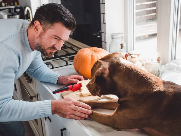 Schöner Mann Und Ein Entzückender Hübscher Welpe Nahaufnahme Drinnen Tageslicht — Stockfoto