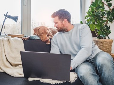 Yakışıklı bir adam ve sevimli bir köpek yavrusu. Evden çalışmak. Yakın plan, kapalı mekan. Stüdyo fotoğrafı, beyaz renk. Bakım, eğitim, itaat eğitimi ve evcil hayvan yetiştirme kavramı