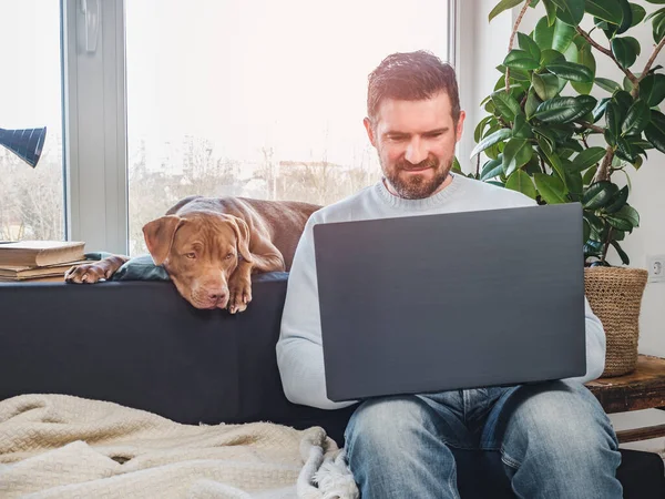 Yakışıklı bir adam ve sevimli bir köpek yavrusu. Yakın plan.