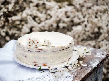 Çiçek açan ağaç ve taze ev yapımı kek. Yakından, yukarıdan, dışarıdan.