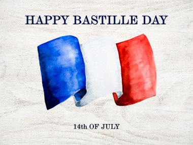 Fransız Bayrağı. Güzel vatansever kartı. Yakın çekim, yukarıdan görüş. Ulusal tatil konsepti. Ailen, akrabaların, arkadaşların ve meslektaşların için tebrikler.